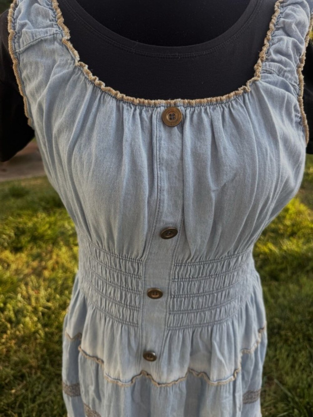 Chambray Cottagecore Prairie Maxi Dress Smocked Peasant Boho L